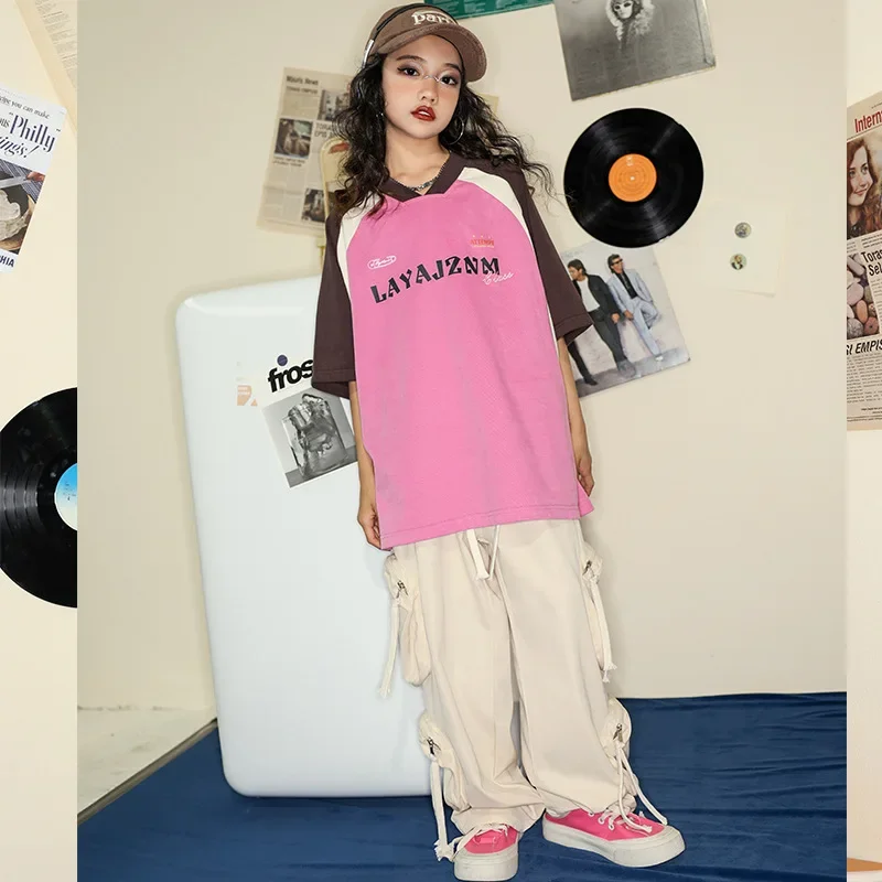 Girls Kpop Street Wear Clothing Pink Loose T Shirt Baggy Cargo Hip Hop Pants for Kids Jazz Dance Costume Teen Group Stage Wear