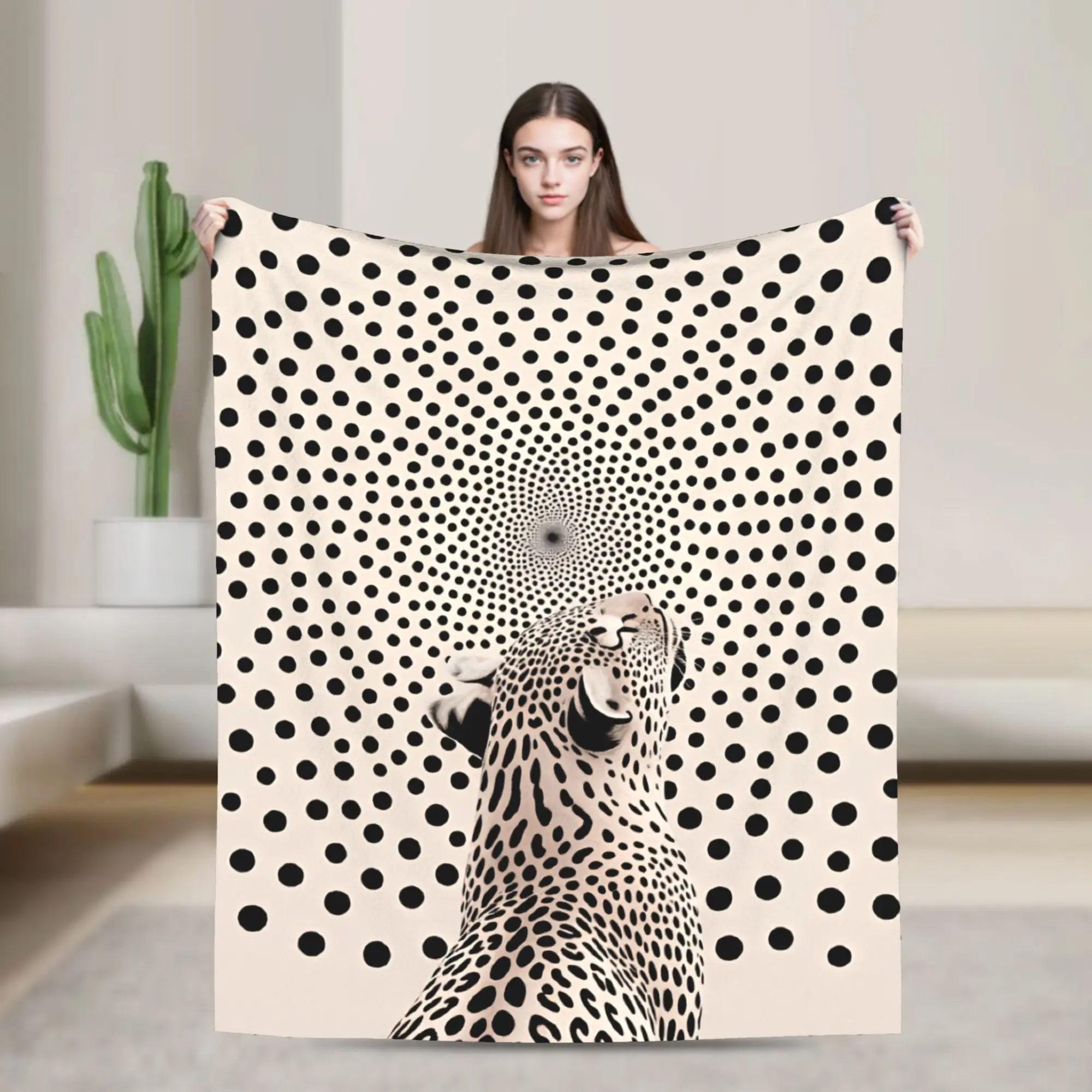 Spotted Leopard Look Up On Dot Vortex Background Blanket Adults  Flannel Bedding Throws For Living Room Warm Comfy Bedspread