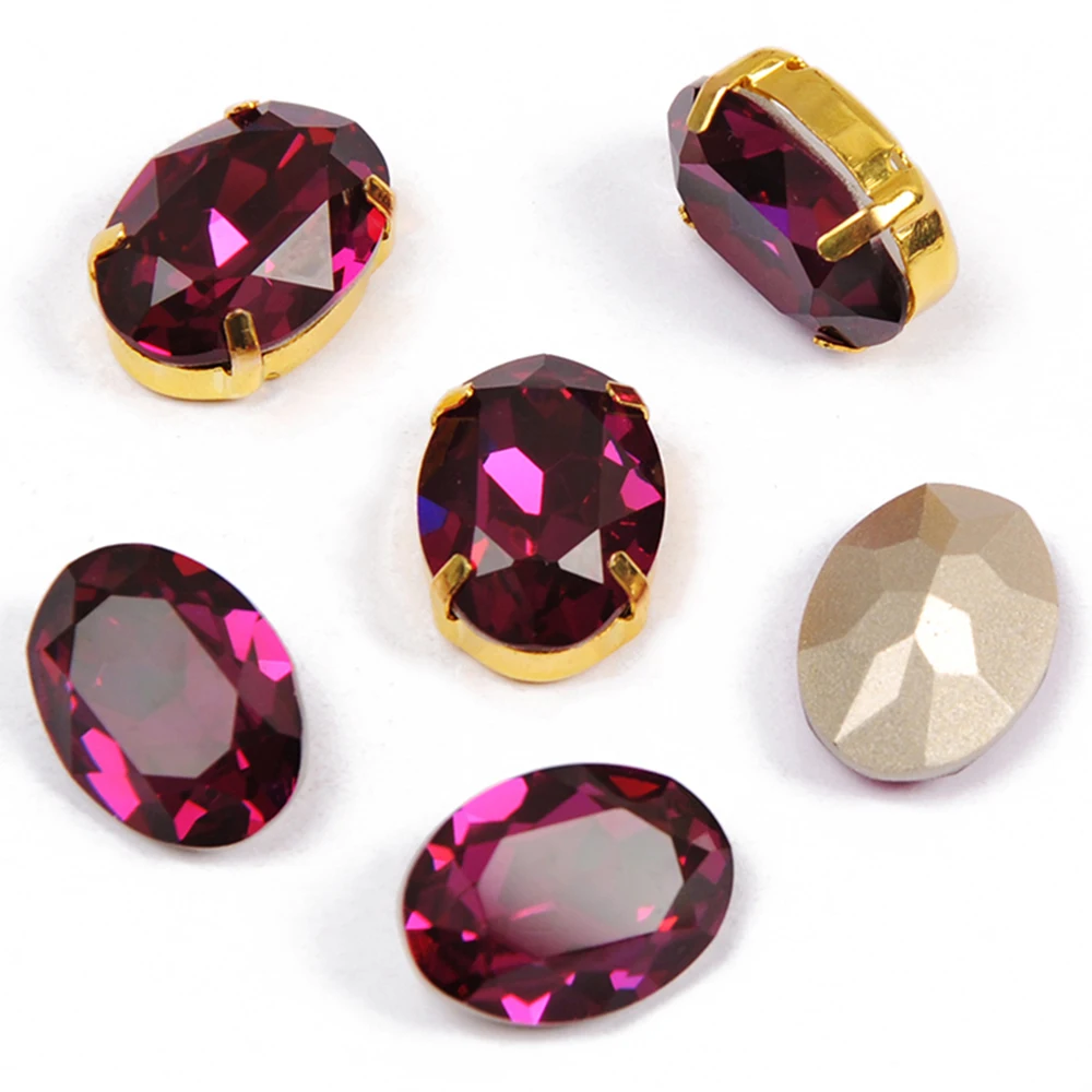 YANRUO 4120 Oval Fuchsia K9 Crystal High Sparkly Sewing Glass Gems Sew On Silver Claws Rhinestone For Jewelry