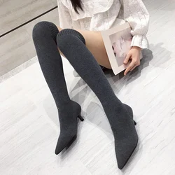 Liyke Autumn Winter Cozy Thigh High Sock Boots Women Black Stretch Fabric Pointed Toe Thin Low Heels Over The Knee Slip On Shoes