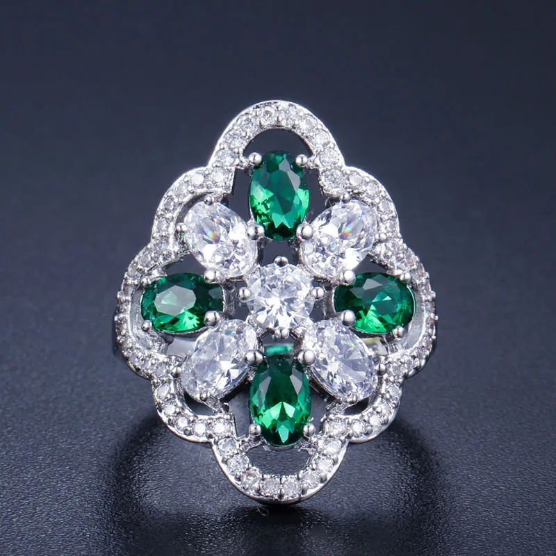 BeaQueen Stunning Big Flower Shape Oval Cubic Zirconia Setting Women Finger Ring Silver Color Wedding Party Jewelry Gifts R044