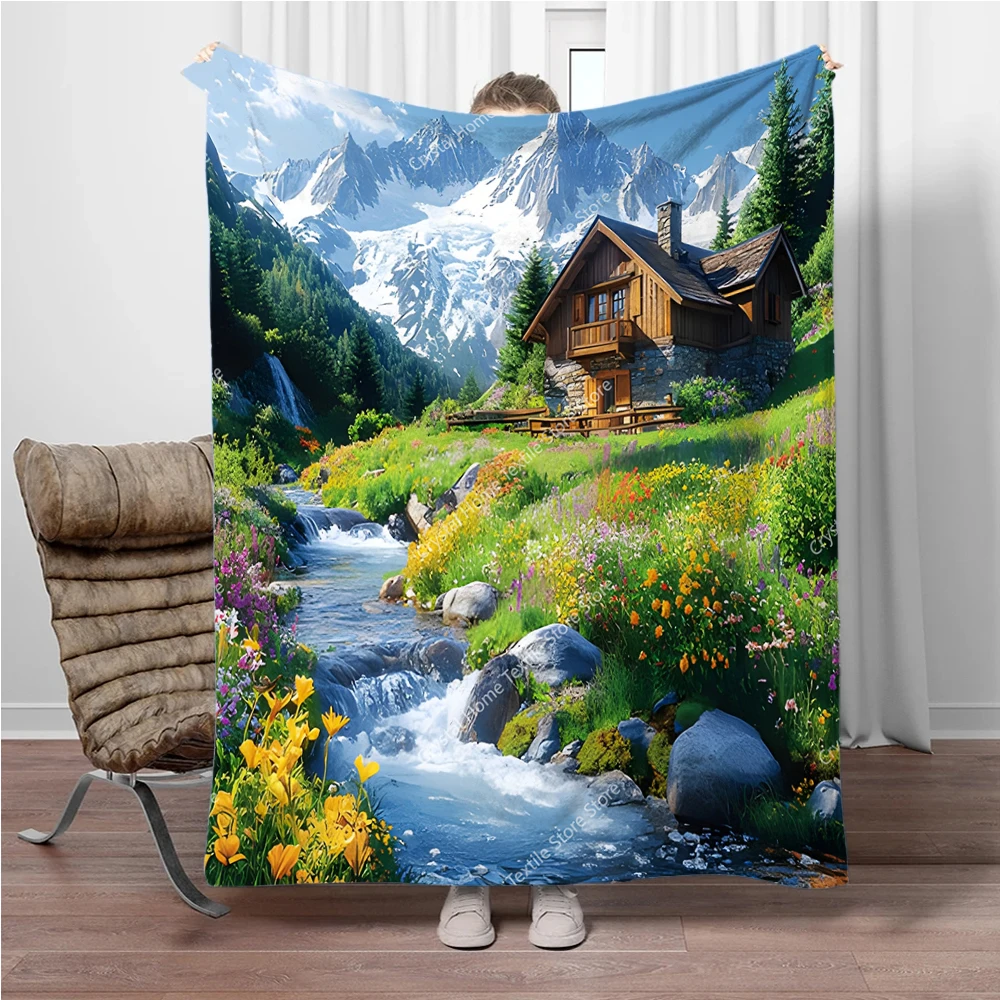 

A Mountain Cabin Beside Flannel Blanket Soft Warm Throw Blanket Home Lunch Break Blanket For Couch Sofa Office Bed Trave Gift