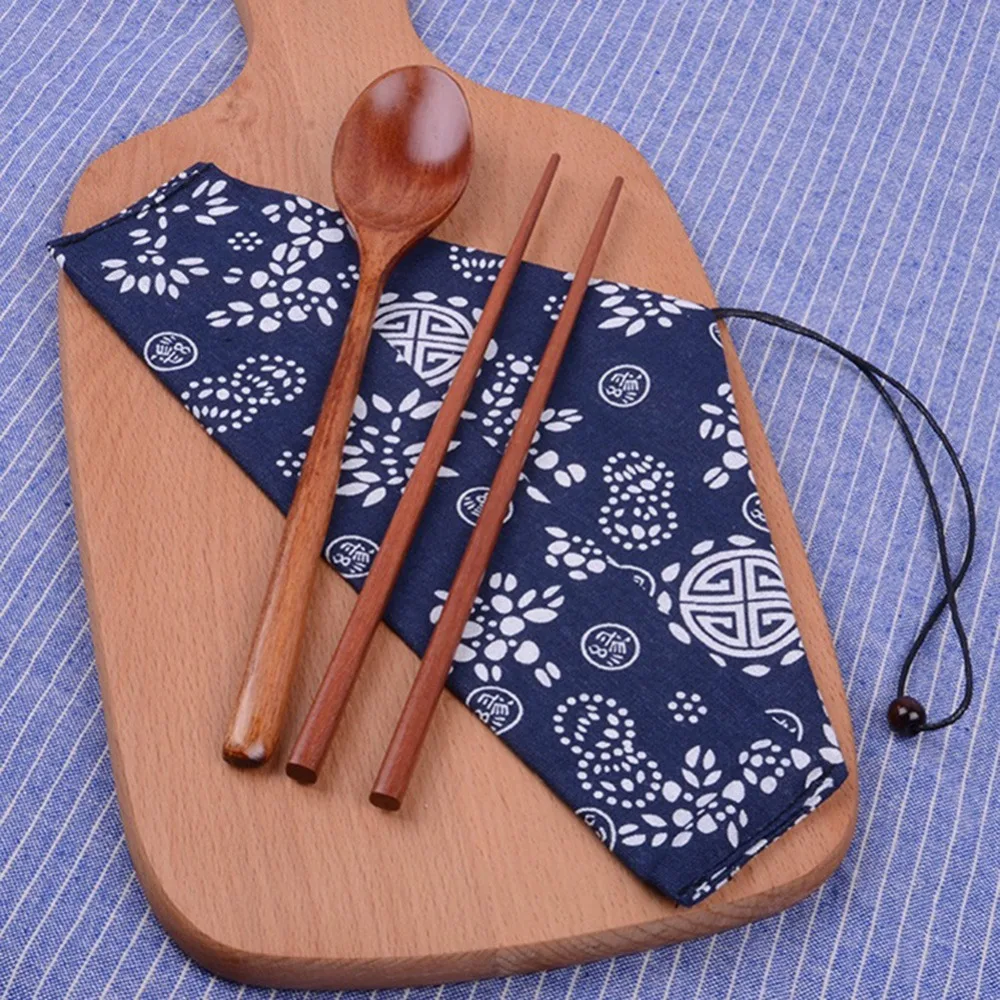 1Set Solid Wood Chopstick and Spoon Set Burr-free Polished with Bag Tableware Kit Portable Size Lightweight Spoon Chopstick Pack
