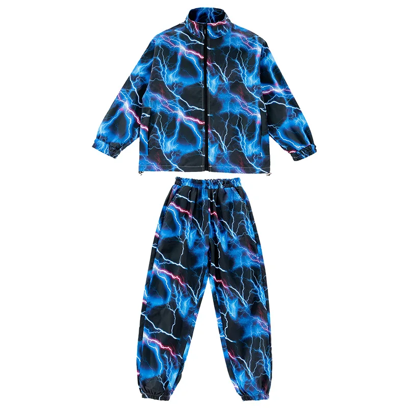 Kid Hip Hop Clothing Blue Lightning Windbreaker Zip Up Jacket Casual Jogger Pants for Girl Boy Jazz Dance Costume Clothes Set