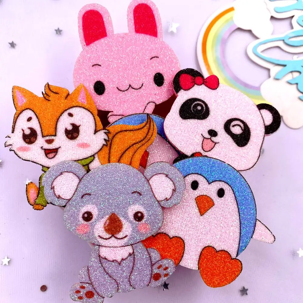 10pcs Glitter Felt Fabric Nonwovens Rainbow Rabbit Squirrel Koala Panda Penguin Appliques DIY Sewing Patchs Supplies Accessories