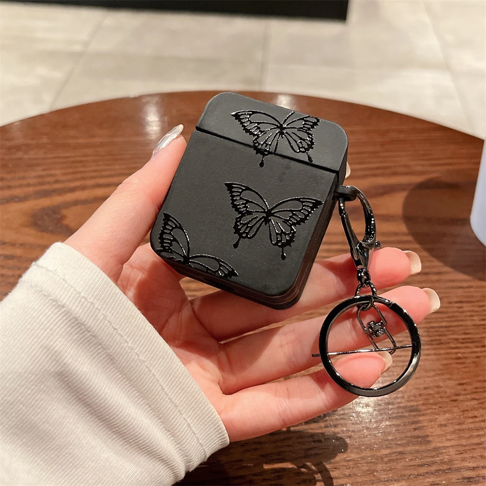 Luxury Cute Butterfly Leather Black Matte Square Earphone Case 1 2 3 With Keychain Shell Soft Protective Cover For Airpods Pro 2