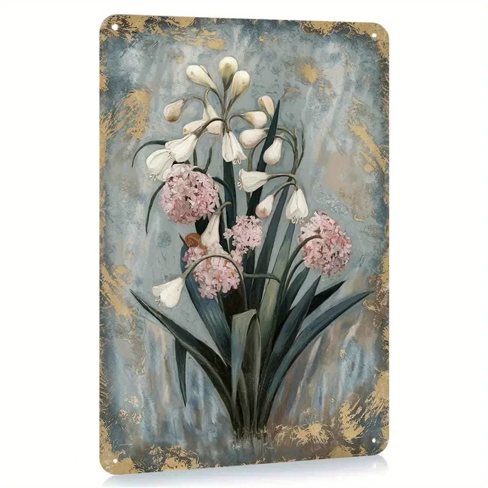 CIFbuy Vintage Pink Rhododendron White Lily Metal Sign Aluminum Wall Art Waterproof Home Kitchen Bathroom Cafe Garage Decor