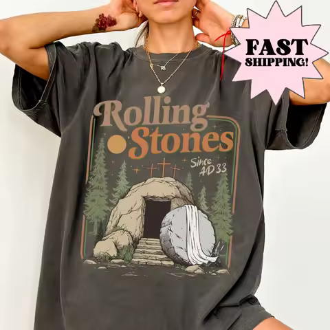 Summer Rolling Christian T-shirt, Fashionable Stone Easter Clothing, Jesus Christ, Christian Gifts, Faith Based Pattern T-shirt