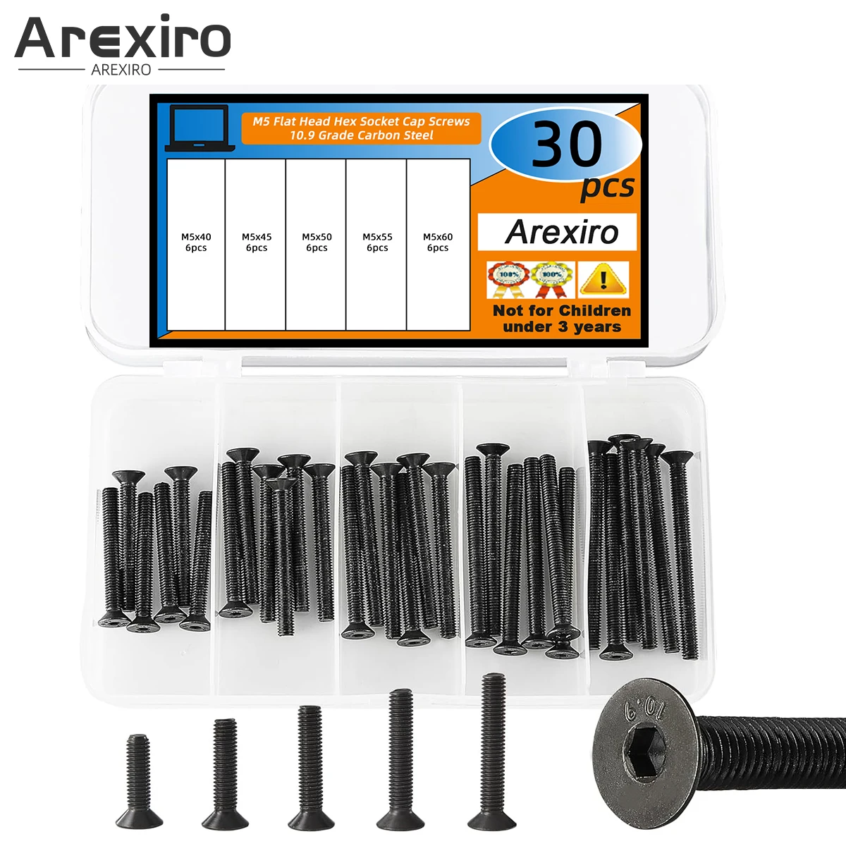 

50 шт. M5x40/45/50/55/60 мм винт с шестигранной головкой и потайной головкой, углеродистая сталь класса 10,9