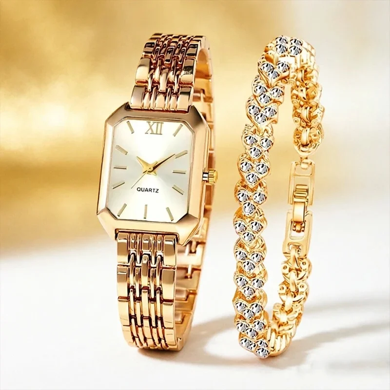 2PCS Rectangular Dial Women Quartz Watch Love Bracelet Set, Ladies Minimalist Wrist Watch Heart Bracelet, Jewelry Gift