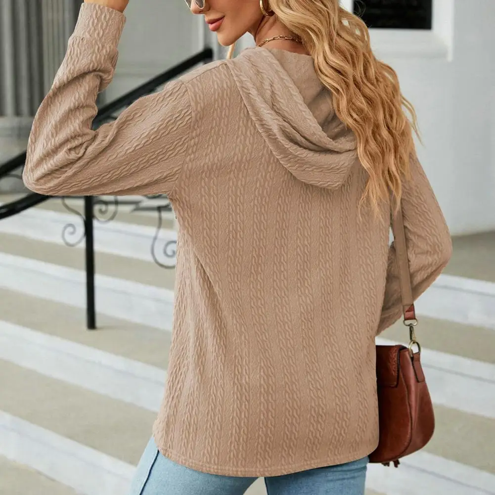 Women Solid Color Hoodie Drawstring Buttons Neckline Long Sleeve Loose Twist Texture Pullover Sweatshirt Women Casual Pullover