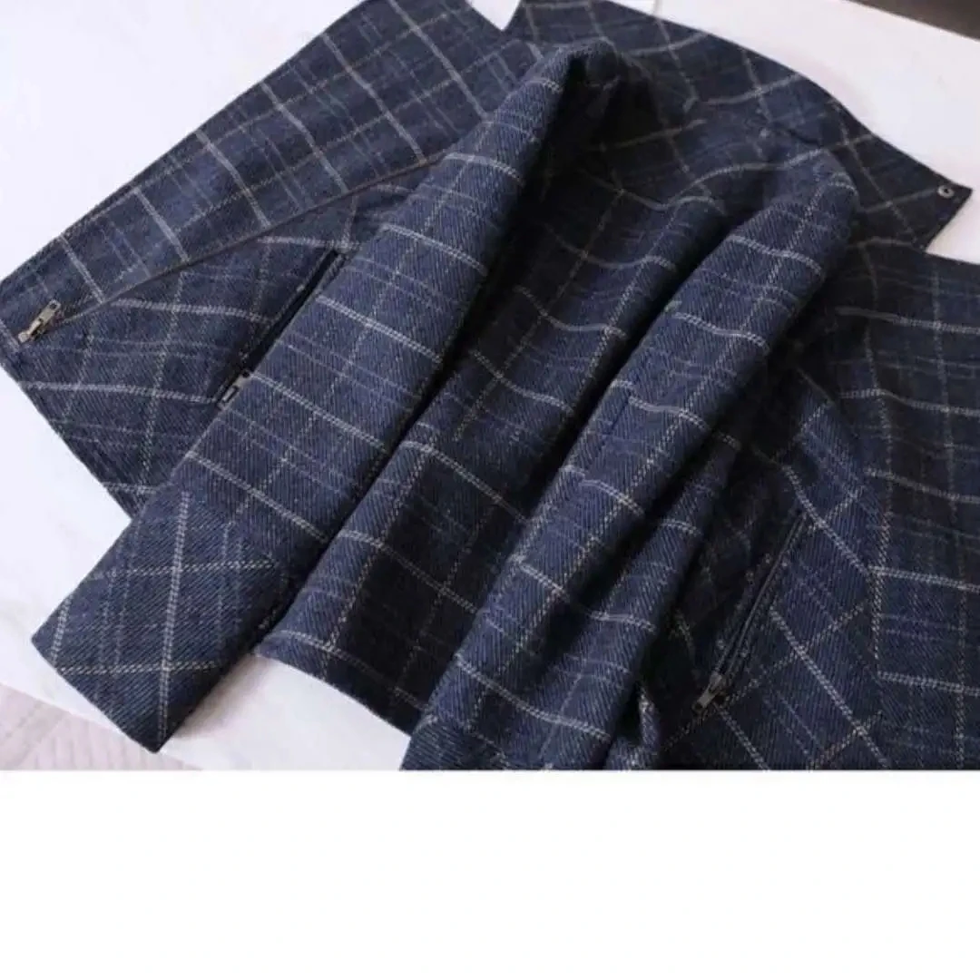 Chic Plaid Short Jackets Women Navy Blue Slim Woolen Office Lady Casual Biker Vintage Outwear Coat