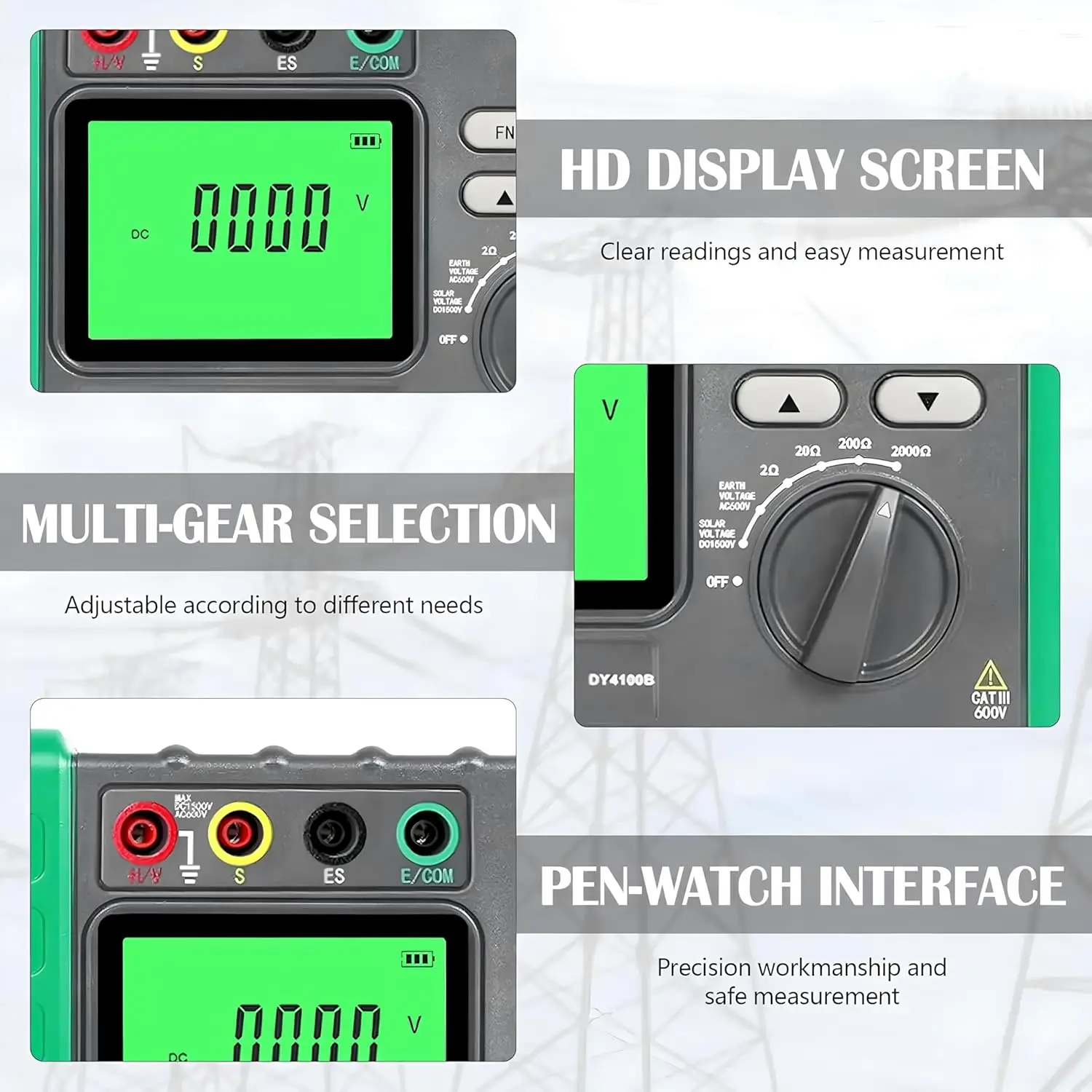 Digital Display Grounding Resistance Tester Multi-Gear Voltage Meter Megohmmeter for Photovoltaic Power Communication Railway