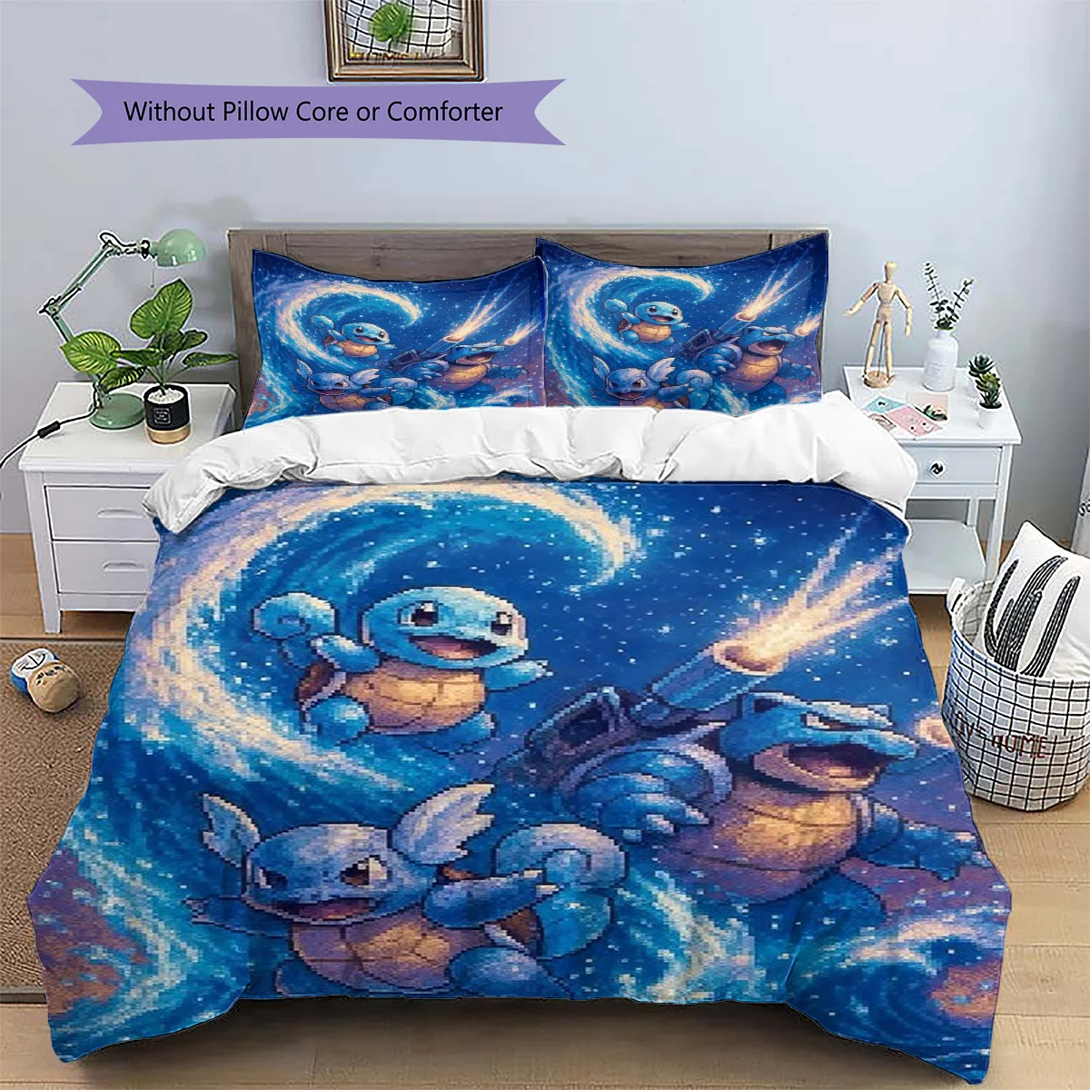 Squirtle Patterned Pillowcase & Duvet Cover Set Anime Unique Pattern Bedding for Bedroom Interior Special Gift for Fans.-TING
