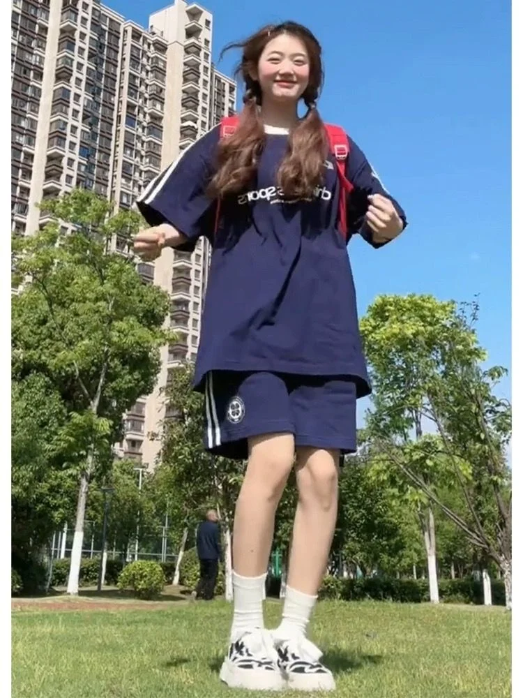 

Casual Cotton Blend Sportswear Set Women's Summer Running Outfit Short Sleeve Shorts Two-Piece Trendy College Style Ensemble