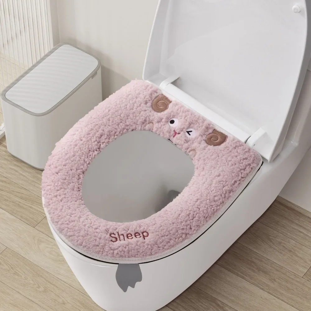 Universal Cartoon Toilet Seat Cover Lamb Wool Washable Toilet Seat Pad With Lifter Thicken Toilet Seat Cushion
