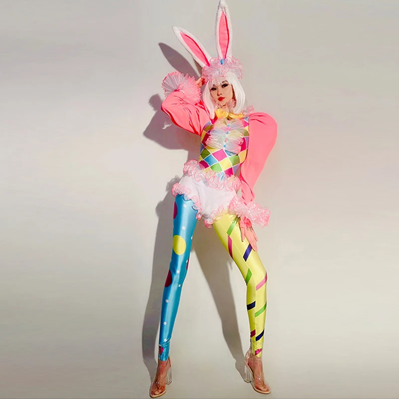 

Puff Sleeve Jumpsuit Plush Shorts Festival Clothing Dancer Performance Stage Costume Rabbit Headwear Carnival Outfit VDB6287