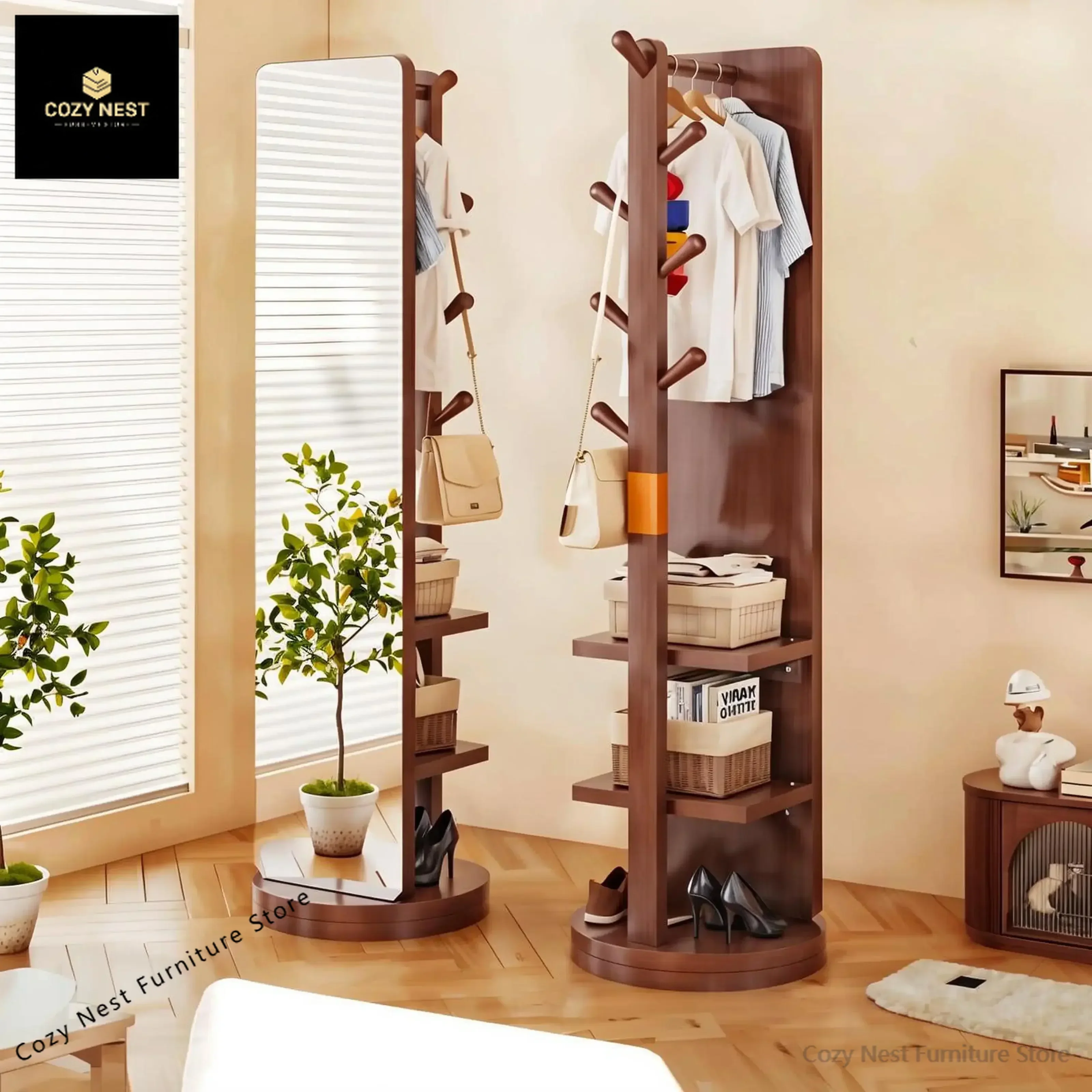 Solid wood full-body mirror floor-to-ceiling vertical rotating full-length mirror home bedroom entry coat rack integrated mobile