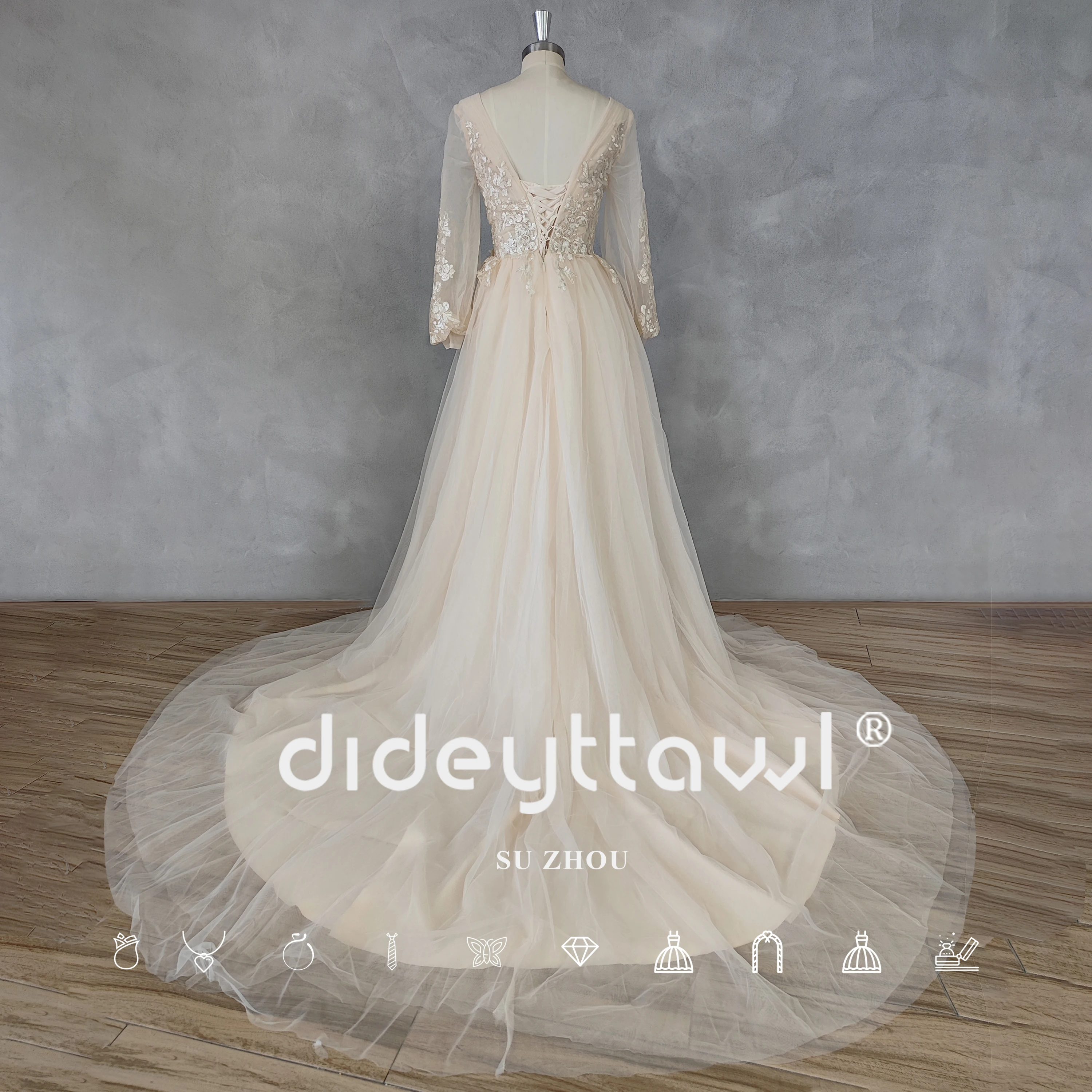 DIDEYTTAWL Real Picture Deep V-Neck A-Line Illushon Long Puff Sleeves Lace Wedding Dress Lace Up Back Court Train Bridal Gown