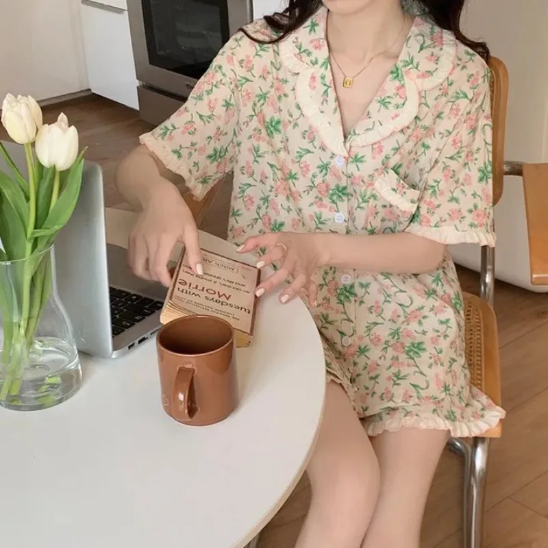 

Korean Sleepwear Women Pajama Sets Summer Piiama Button Sets for Women 2 Pieces Night Wears Pyjamas Floral Home Suit Clothes New