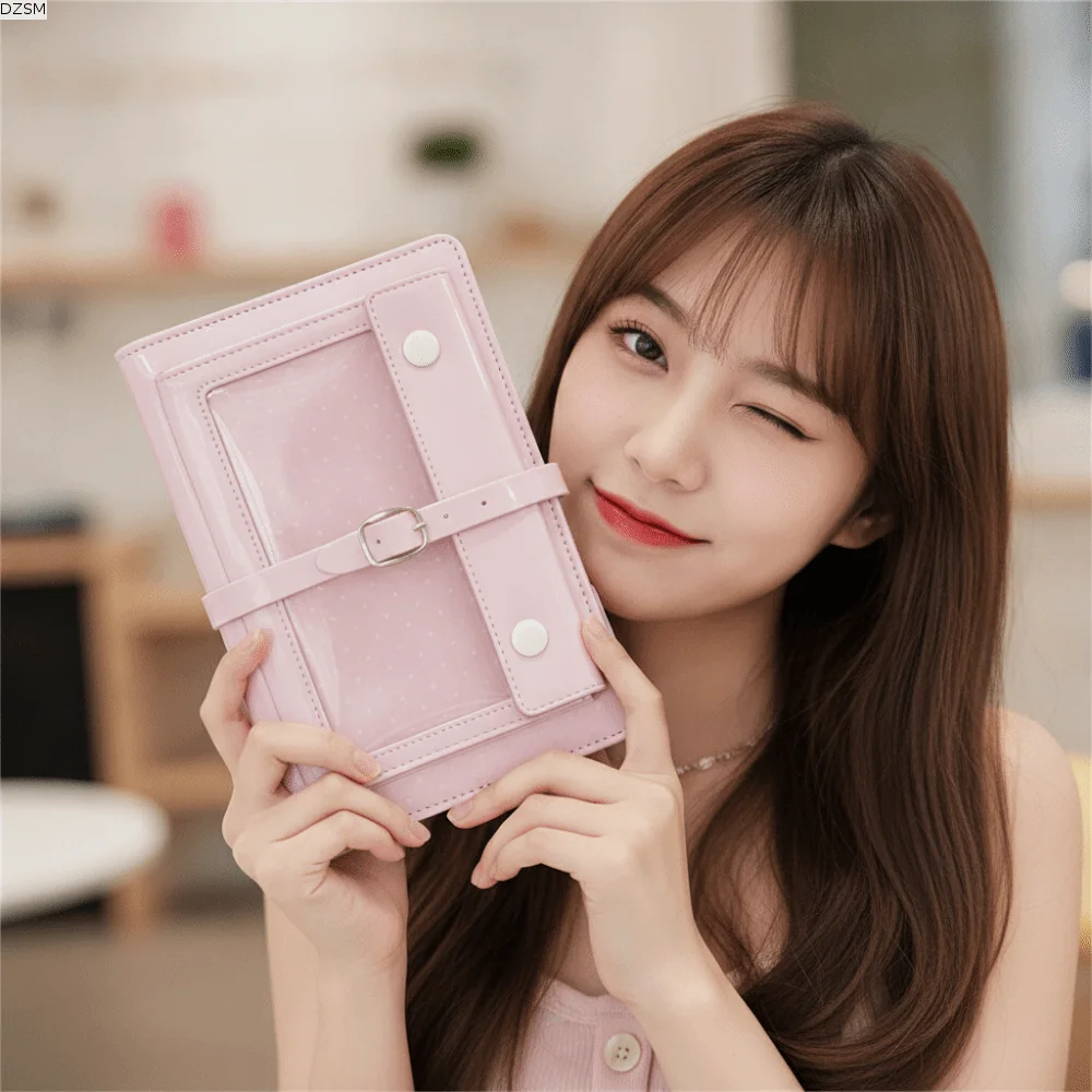 Six Ring A6 Binder Journal Portable Compact Glossy Leather Polka Dot Handbook Adjustable Buckle Sweet Kawaii Clear Window Diary