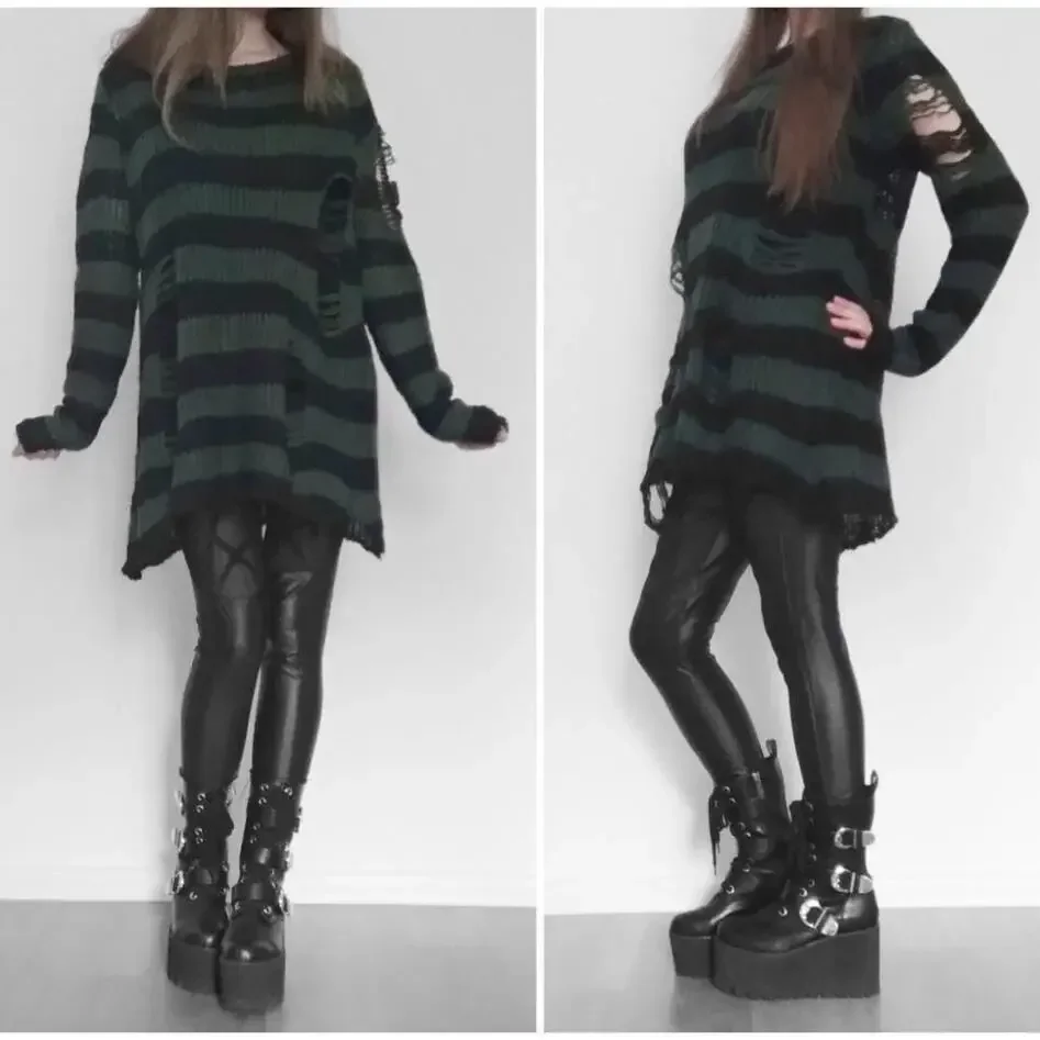 Y2K Harajuku سترة مخططة المرأة الجوف خارج محبوك سترة الإناث ثقب الموضة كسر الشارع الشهير #3