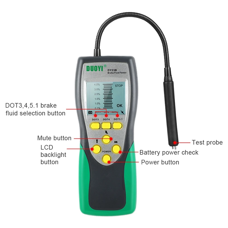 DUOYI Car Brake Fluid Tester Oil Inspection 250Mm Detector 2.2 Inch Lcd For Dot3 Car Brake Oil Quality LED Display