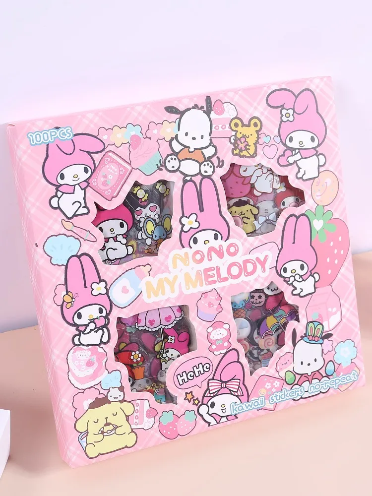 100pcs Sanrio Combo Stickers Kawaii Anime Figure Kulomi Melody Cinnamoroll Handbook Material Decoration Diy Stickers Kids Gift