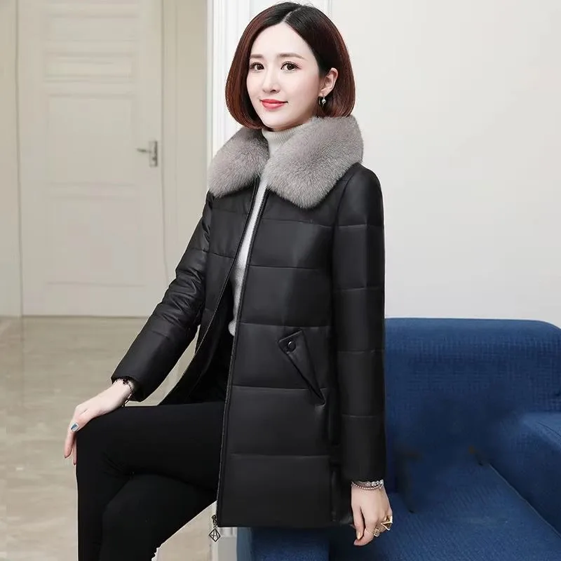 สีดําสีแดงหนังแจ็คเก็ตหญิงFaux Fur Coatฤดูหนาวฤดูใบไม้ร่วงPUหนังเสื้อแจ็คเก็ตผู้หญิงParkaลงผ้าฝ้ายOuterwear 4XL