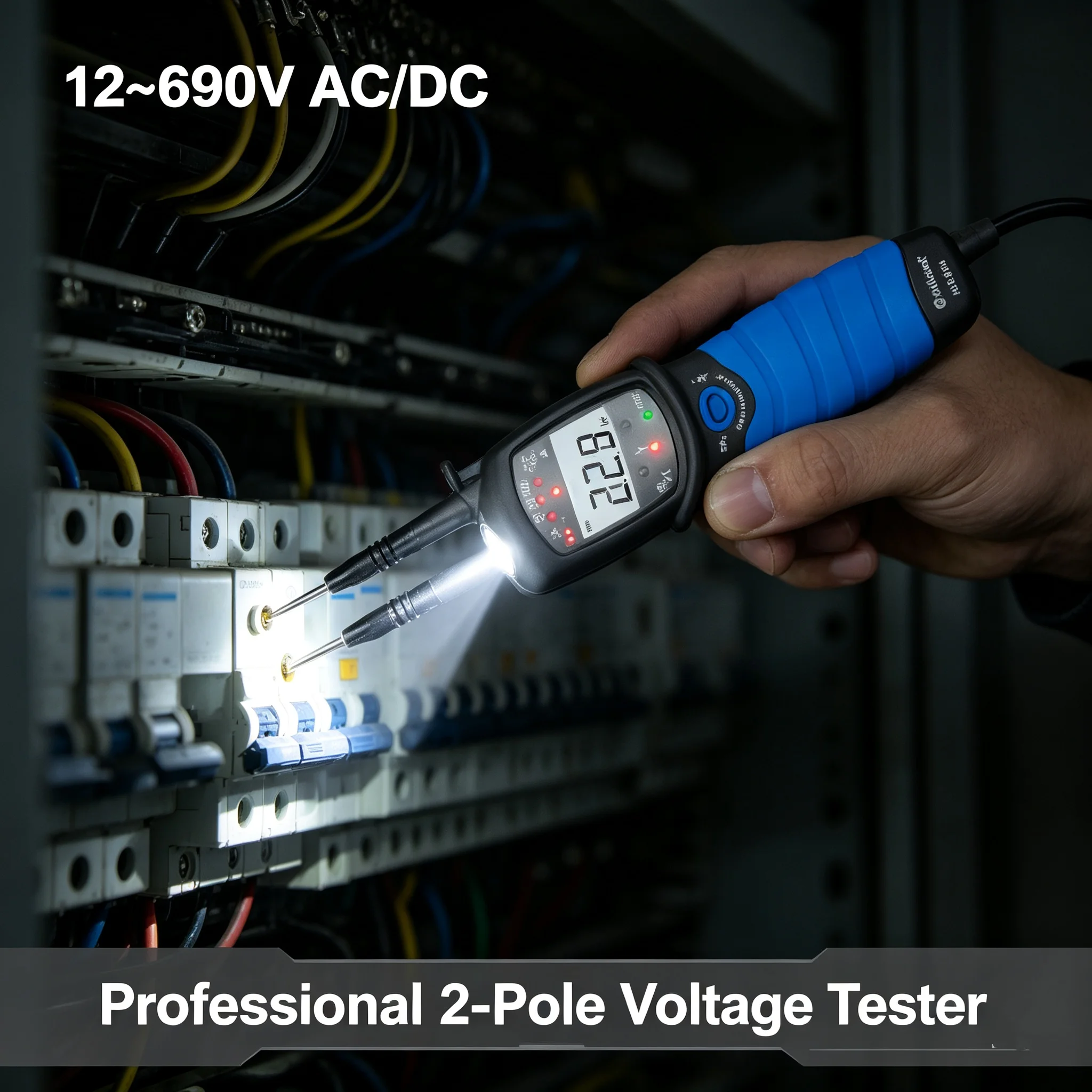 HoldPeak 38A 2-Pole Voltage Tester 12-690V AC/DC LCD Display Phase Rotation Continuity Auto Hold CAT III 690V