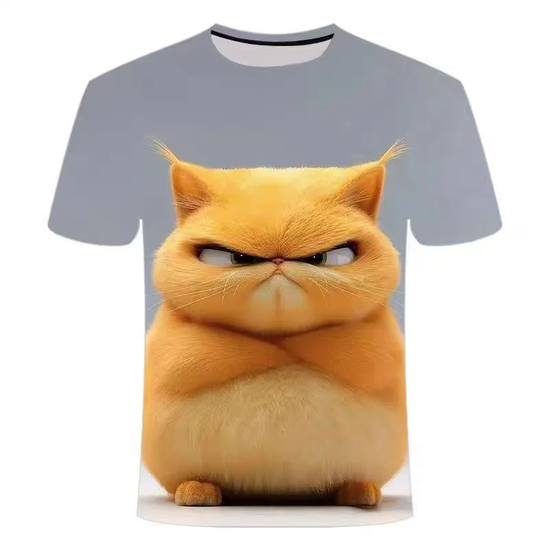 男性用の3DプリントTシャツ,面白い猫柄のトップス,だぶだぶ,半袖,カジュアル,ラウンドネック,夏用