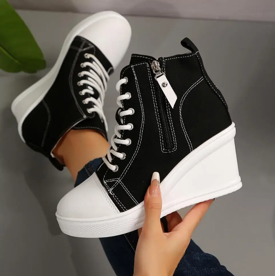 

2023, женские кроссовки, новые парусиновые туфли на скрытой танкетке с невидимым каблуком для женщин, повседневные дышащие кроссовки на танкетке с увеличенной платформой