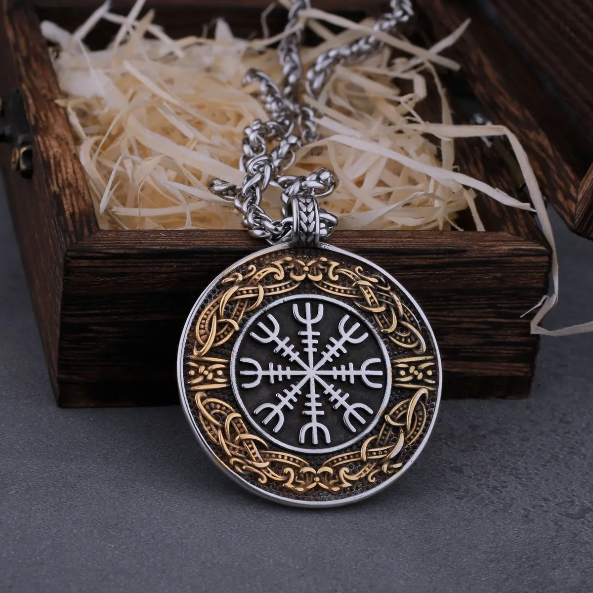 Vintage Viking Ouroboros Helm of Awe Necklace Men's Charm Hip Hop Biker Pendant Accessories Stainless Steel Nordic Male Jewelry