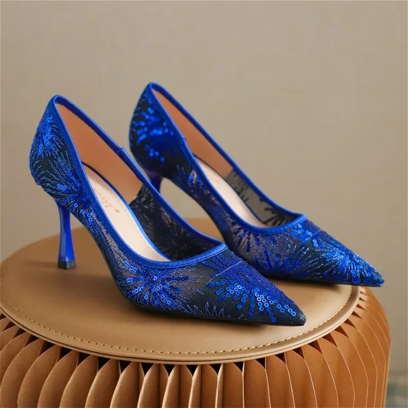 Mesh Embroidery Bling High Heels for Woman Breathable Pointed Toe Women Pumps Shallow Luxury Sexy Party Dress Shoes Ladies Talon