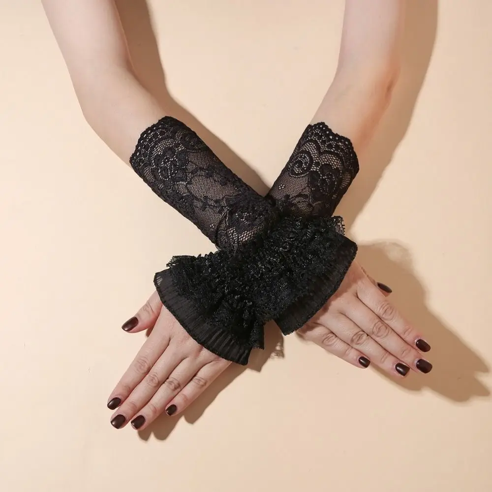

Элегантные длинные кружевные манжеты с оборками и вышивкой, искусственные манжеты, белые, черные женские манжеты на запястье