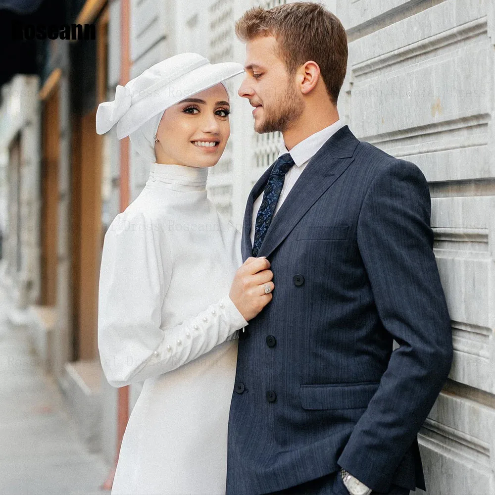 Vestido de novia musulmán, traje largo hasta el suelo con botones de satén, pliegues completos, cuello alto, tren de cepillo, 2024