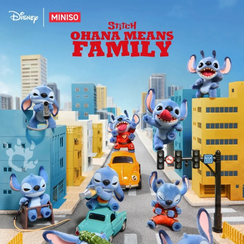 Scatola cieca originale Miniso Stitch Stitch Ohana significa serie famiglia Scatola misteriosa Kawaii Action Figure Ornamento Regalo di compleanno per bambini
