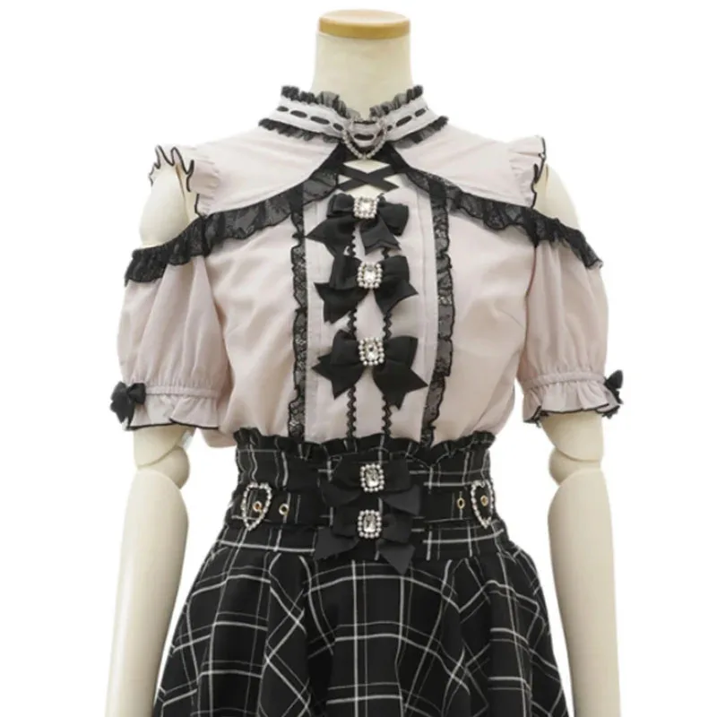 Koszula Y2K Gothic Lolita na lato - Japońska bluzka w stylu vintage punk z kokardą, koronką i falbankami, krótki rękaw, słodkie topy dla kobiet