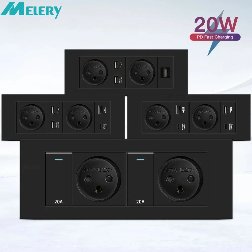 

Розетка Melery Black Israel, стандартная огнестойкая панель SC31, 195 мм, USB TypeC, настенная розетка для быстрой зарядки, переключатель TV Tel CAT5 CAT6