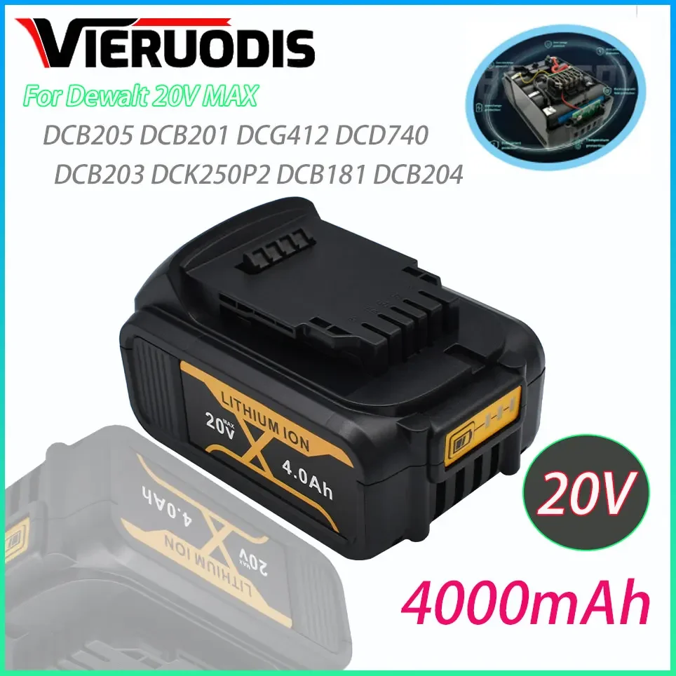 

For DeWalt 100% Original 20V 4000mAh Rechargeable Power Tools Battery with LED Li-ion Replacement DCB205 DCB204-2 20V DCB206