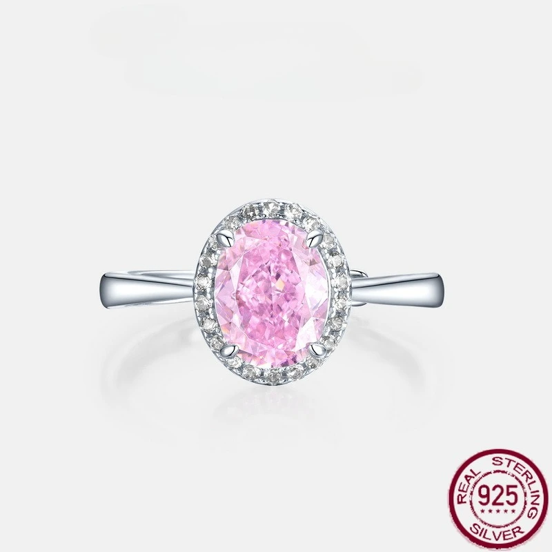 

New 925 pure silver high carbon diamond egg shaped pink diamond ring, navy blue treasure, fashionable and simple wedding jewelry