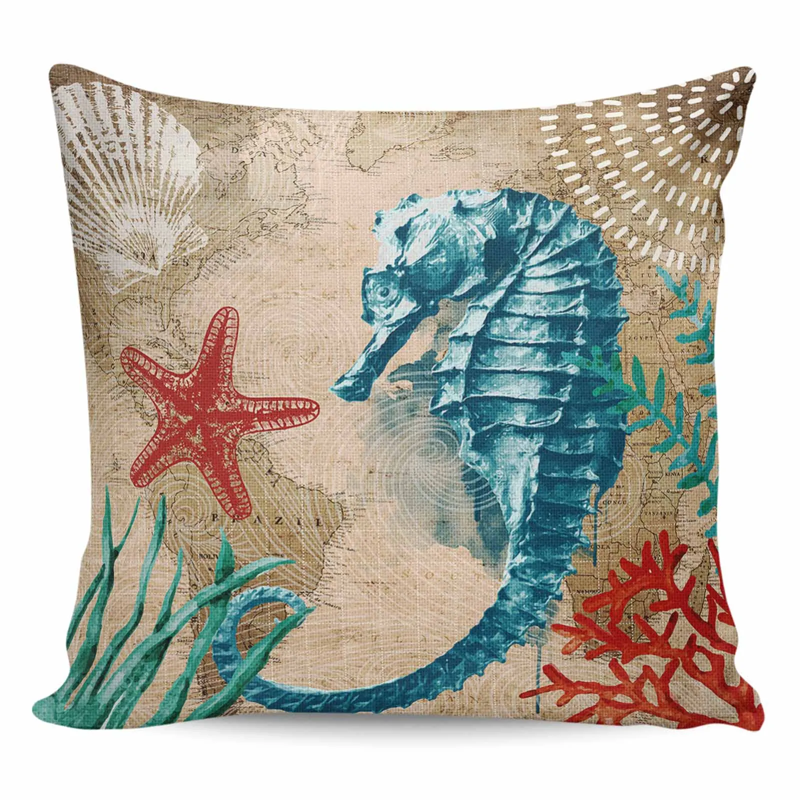 2/4PCS Waterproof Pillow Cover Nautical Theme Marine Life Series Seahorse Square Throw Pillowcase Home Decor Sofa Cushion Cover