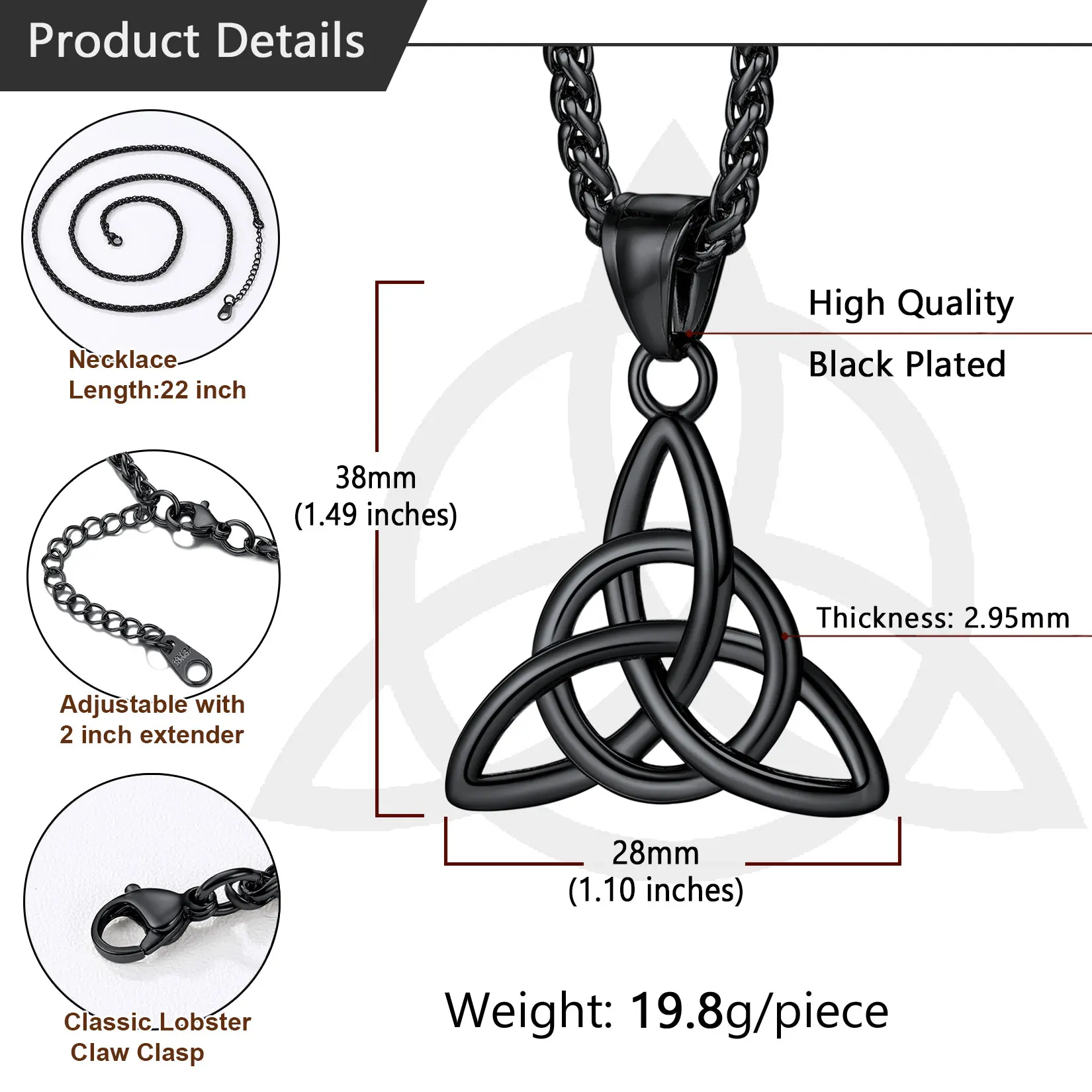 U7 Stainless Steel Celtic Knots Necklaces Triquetra Gold Color 22 Inches Wheat Link Chain Irish Knot Unisex Viking Jewelry
