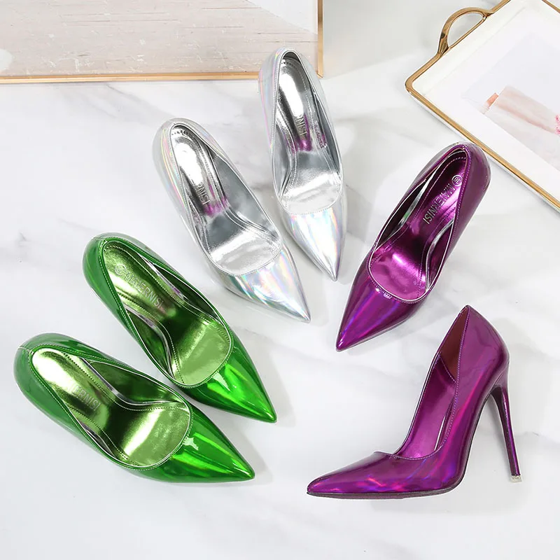 New Arrival Women Designer Pumps Sexy 12cm Laser Green Purple Ladies Super High Heels Pointed Toe Dress Shoes Big Szie46