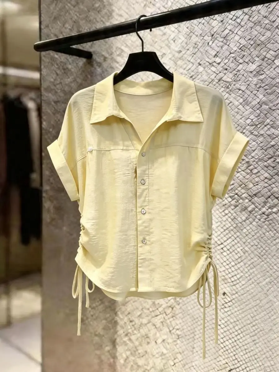 Commuter Lazy Style Drawstring Collared Shirt Women's Short Sleeve Summer New Fashion Unique Top Beautiful Age-Defying Small ...