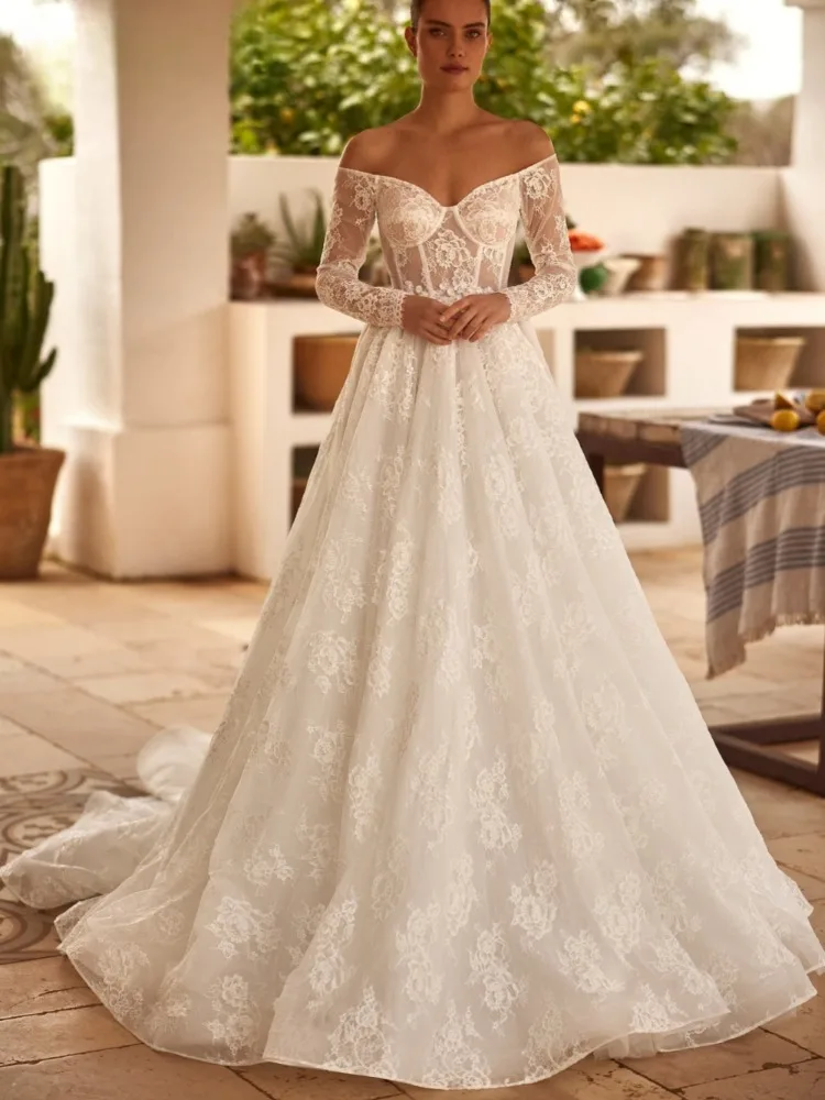 Boho A-Linie Brautkleid von der Schulter Applikationen lange Ärmel Prinzessin Brautkleid elegante Robe de Mariée