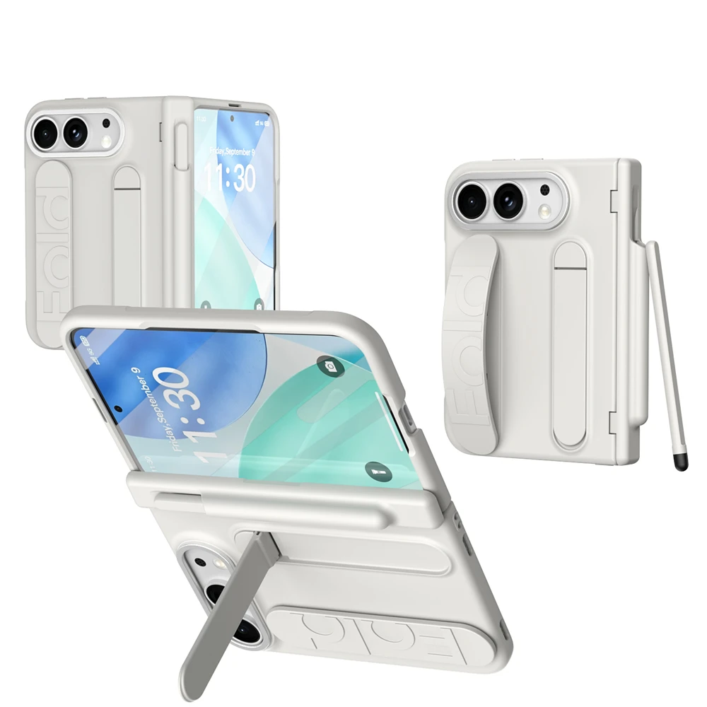 Wristband Bracket Pencil Slot Skin Feel Film-Integrated Case for iPhone Duo Fold Wide Shockproof Hinge Protection‌ Cover
