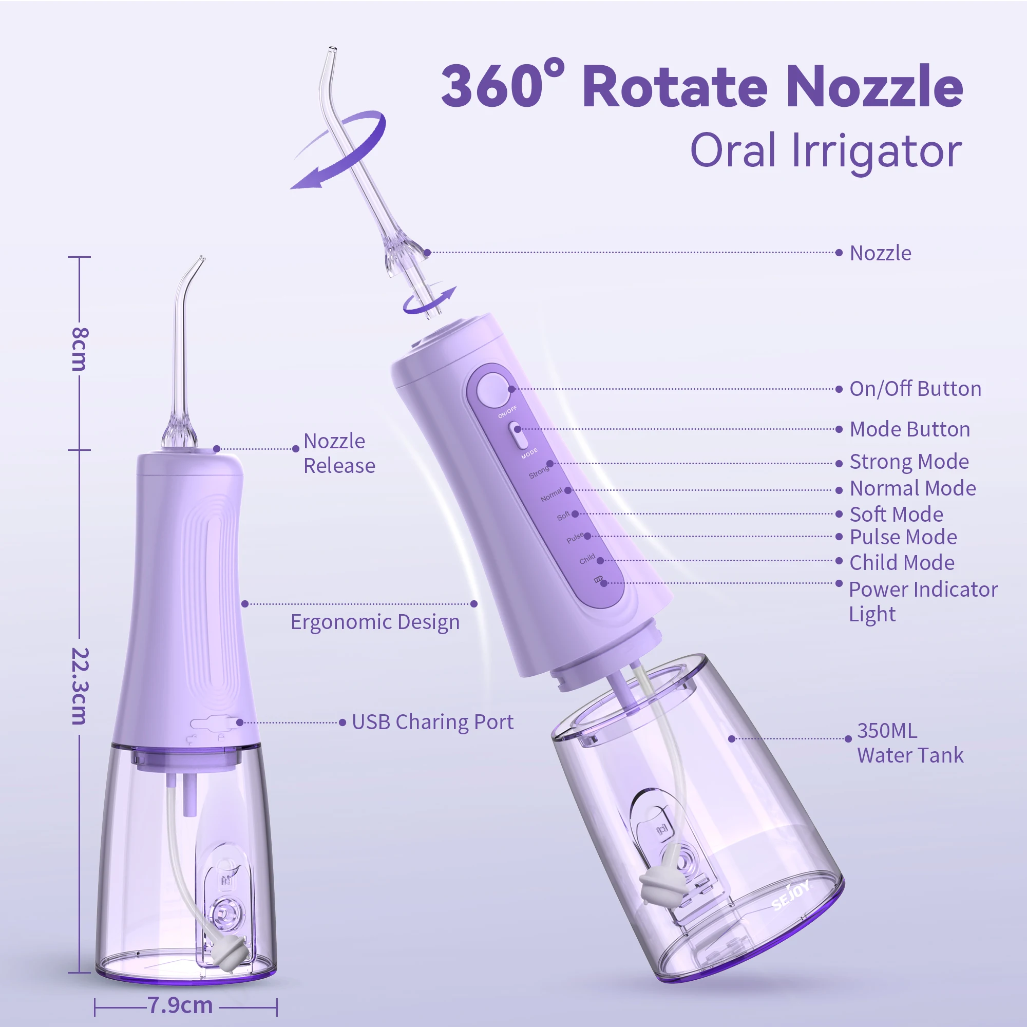 Dental Water Flosser Teeth Pick Oral Irrigator 5 Modes 6 Replaceable Jet Tips 350ml Tank for Teeth Cleaning,Purple