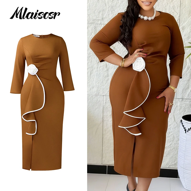 Mlaiscsr Elegant African Church Mid Dresses Women O Neck Long Sleeve  Ruffles with 3D Flower Bodycon Holiday Party Birthday Robe - AliExpress  200000345