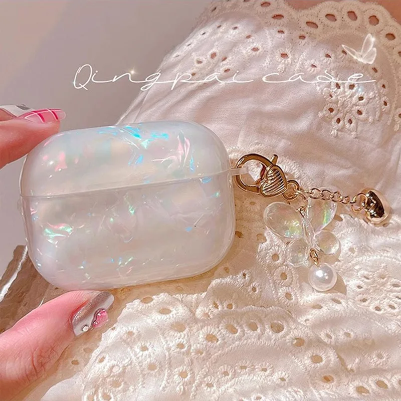 INS Cute Butterfly Pearl Keychain For apple Airpods Pro 2 Earphone Case Dreamy Glossy IMD Earphone Case For AirPods 1/2/3 Box